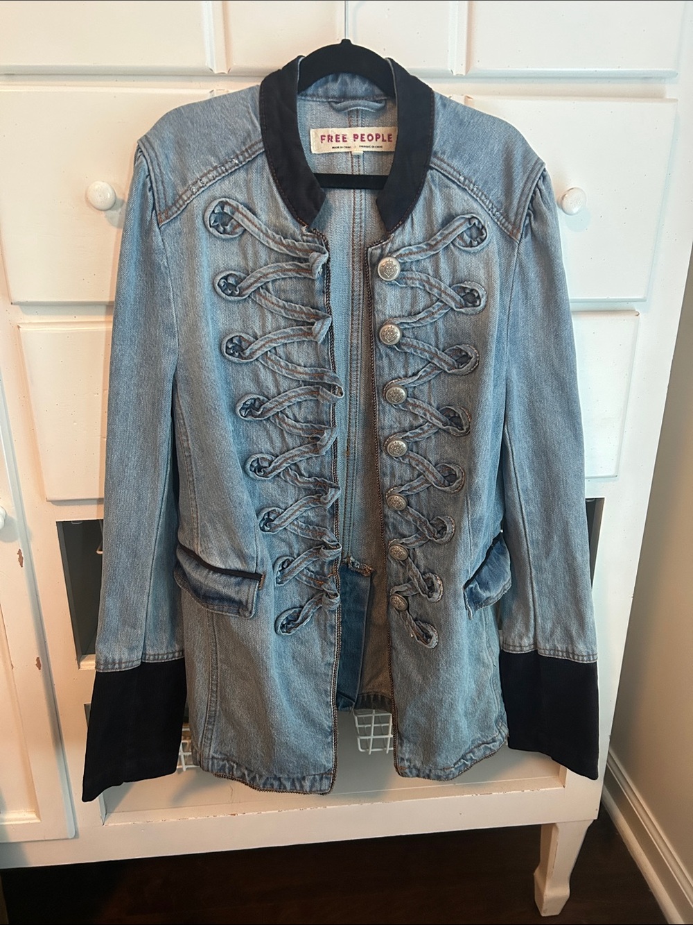 Free People Light Blue Denim Military Jacket with Black Trim